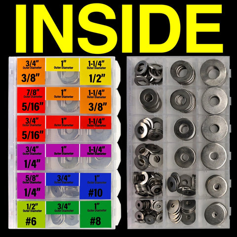 Fender washer set, 304 stainless steel, SAE sizes #6 to 1/2, 220 pcs in organizer box