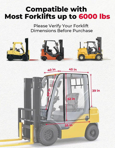 Illustration of forklift dimensions compatible with Clear Forklift Cab Cover With Rear Window Waterproof UV Shield Fits 6000 Lb