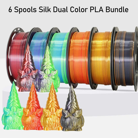 Two Tone Silk PLA Filament Bundle 1.75mm 250g Each Six Spools Coextruded Metallic Silk Finish For 3D Printing Includes Black Red Purple Green Blue Green Red Gold Gold Copper Black Orange