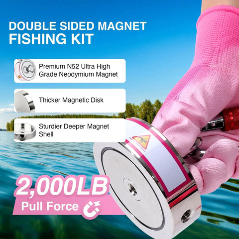 Person holding 2000 LB Double Sided Neodymium Fishing Magnet With Threadlocker For Treasures near water