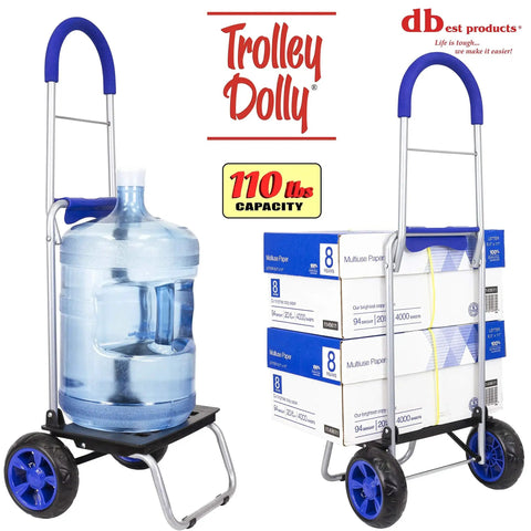 Foldable Trolley Dolly Shopping Cart For Groceries With Heavy Duty Wheels And Removable Bag shown holding water jug and paper boxes
