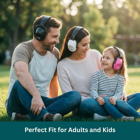 Family wearing 34 dB NRR Hearing Protection Ear Muffs For Loud Events And Sensory Use Ultra Slim And Lightweight Design