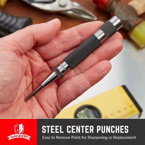 Heavy Duty Automatic Center Punch Set 2 Pack With Hardened Steel Spring Loaded Mechanism Adjustable Knurled Cap shown in hand