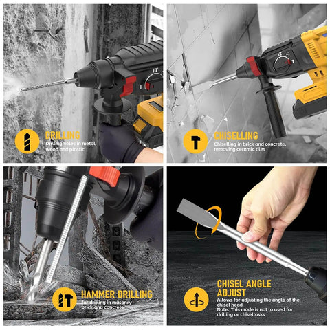 Cordless SDS Plus Rotary Hammer Drill With Brushless Motor, Safety Clutch, 4 Functions, in use on concrete and masonry