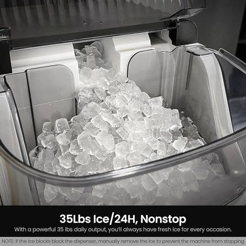 Nugget Ice Maker Countertop Portable 35 Lbs Per Day Self Cleaning One Click showing ice bin with nugget ice