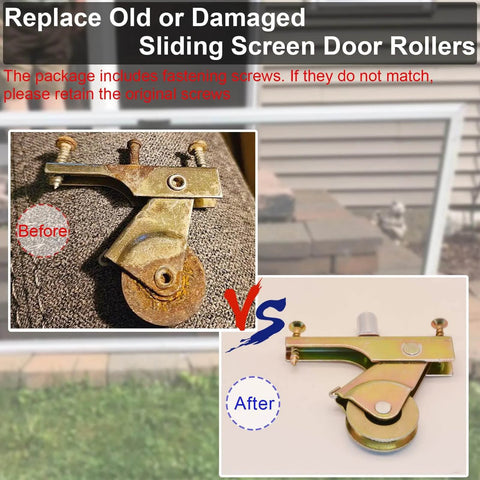 Spring Loaded Sliding Screen Door Roller Replacement With 1 Inch Steel Ball Bearing Concave Wheels For Smooth Glide And Easy Install Fits Most Standard Aluminum Screen Doors And Other Major Brands 4 Pack displaying before and after comparison of door roller replacement with screws included.