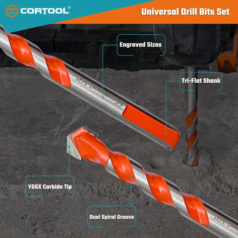 Durable Masonry Drill Bits Set Five Thirty-Second To One Half Inch, Ten Piece Carbide Tipped Kit with engraved size and tri-flat shank.