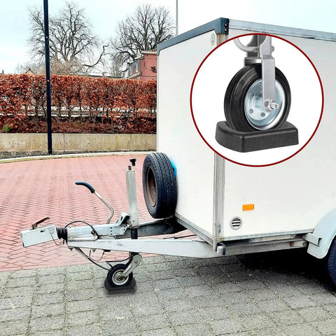 Heavy Duty Jack Wheel Chock Reinforced Rubber Wheel Dock For 6 Inch Jockey Wheels, Durable Wheel Stabilizer And Stopper For Caravans And Trailers, Oil Water And Gasoline Resistant, Protects Jack Caster Wheels And Prevents Rolling next to a trailer.