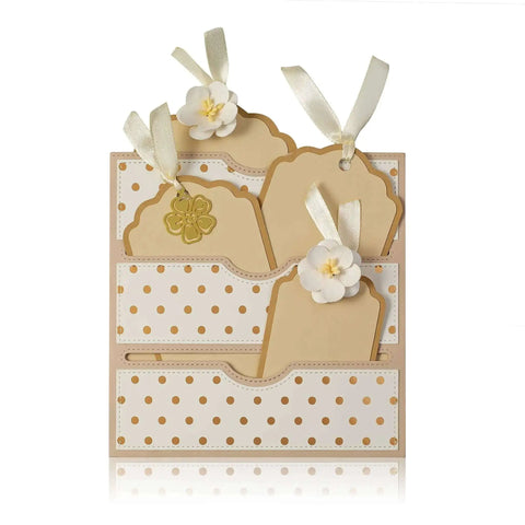 Stitched Slots Pocket Die Cut Set For Card Making And Scrapbooking, Large 4.88x5 Inch Pocket Die with tags in a floral design
