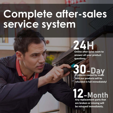 Technician inspecting a product with text highlighting complete after-sales service system, including 24-hour, 30-day, and 12-month support.