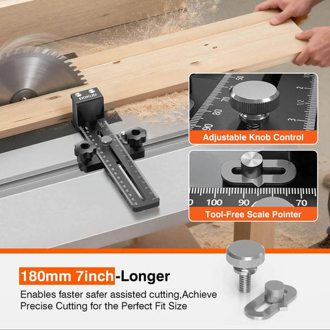 Thin Rip Jig For Table Saw With Dual Bearing Safety Rollers For Repetitive Narrow Strip Cuts Fits Three Eighths By Three Quarters Inch T Slot And One Quarter By Three Eighths Inch T Slot Works With Table Saw Band Saw And Router Table Delivers Smooth Feeds, shown with adjustable knob and scale pointer, installed on table saw.