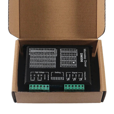 2 Pack CNC Digital Stepper Driver DM556 in box, labeled microstep driver for Nema motors, 20-50V DC, 5.6A, for CNC and woodworking