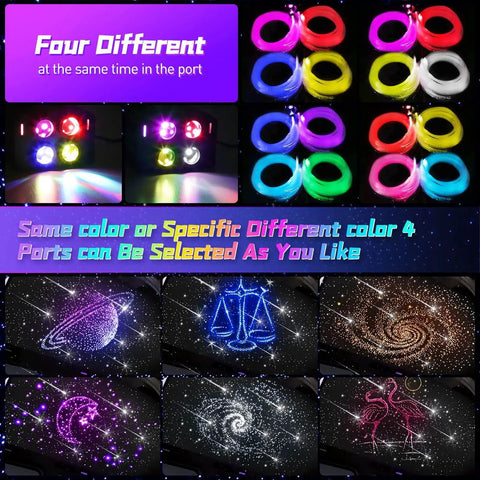 Color options and starlight effects for Car Starlight Headliner Kit With Dope 4 Color Fiber Optic Ceiling Lights 32W Engine.