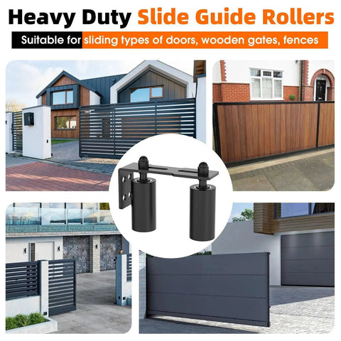 Sliding Gate Guide Rollers and Hardware Kit with Heavy Duty 4 Inch Adjustable Nylon Wheels and Rust Proof L Bracket for Sliding Gates, Wood or Garage Doors, Black Finish, One Piece Pack shown in use on various gates.