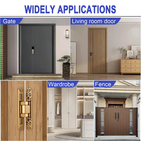 Hidden Door Hinges 6 Inch Heavy Duty Concealed Invisible 3 Way Adjustable 180 Degree Gold Two Pack Used on Different Doors