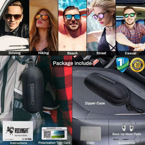 Driving Sunglasses For Men Dope Polarized UV400 Protection Metal Frame For Road Trips And Outdoor Adventures displayed with accessories like zipper case and polarization test card.