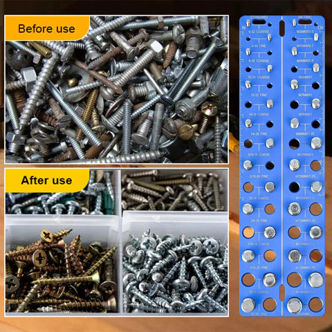 Before and after organization of fasteners using 30 In 1 Nut And Bolt Thread Checker All In One Standard And Metric Thread Gauge Tool.
