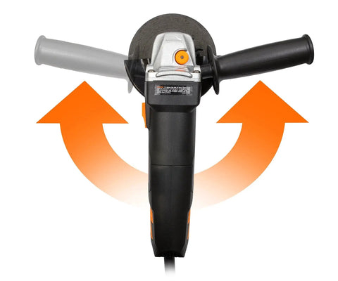Front view of Powerful 7 Amp Angle Grinder With A Four And A Half Inch Wheel, 11,000 RPM, Lightweight Design With Rubber Grip, Reversible Handle