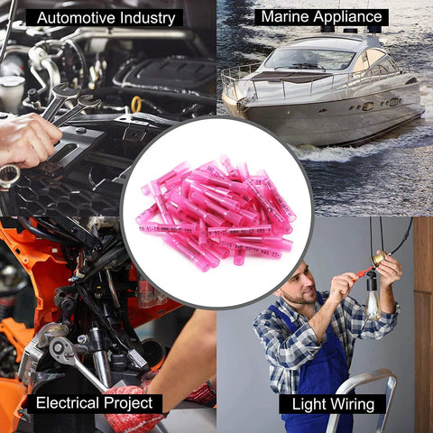 Pink insulated heat-shrink butt wire connectors, 22-16 AWG, 100 pcs, central close-up for automotive and marine wiring