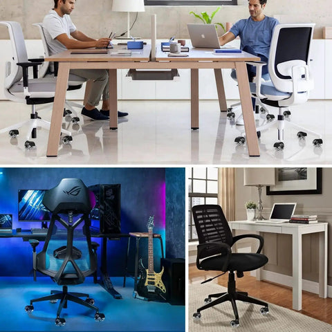Heavy Duty Silent Office Chair Wheels Casters For Hardwood Floors And Carpet With Standard Stem Size Seven Sixteenths By Seven Eighths Inches Rubber Caster Wheels Set of Five in office and gaming setups