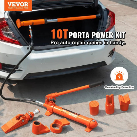 10 Ton Porta Power Hydraulic Kit With Pump 4.6 Ft Hose Bent Frame Repair Tool shown with car trunk open.
