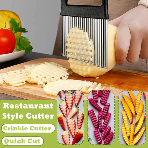 Person using Crinkle Cutter For Veggies Wavy Chopper For French Fries And Waffle Fries Stainless Steel Pro Grade Crinkle Cut Fry Tool For Potatoes Carrots And Cucumbers With Ultra Sharp Blade For Restaurant Style Cuts on potato