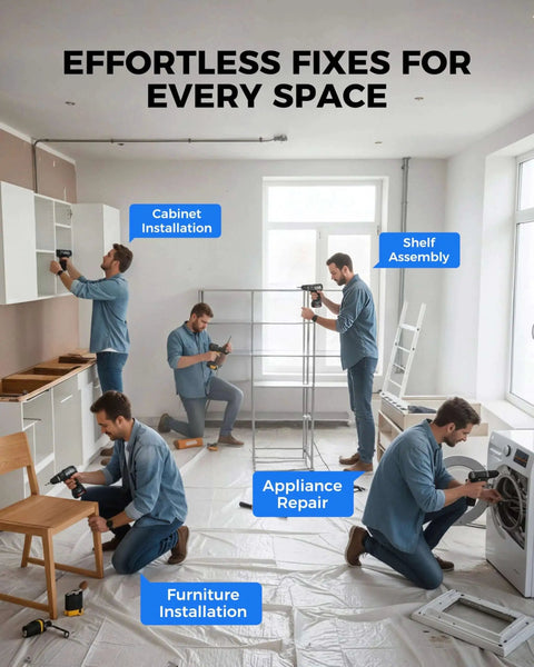 Men utilizing a Complete 40 Piece Impact Driver Bit Set for furniture assembly, appliance repair, cabinet and shelf installation.