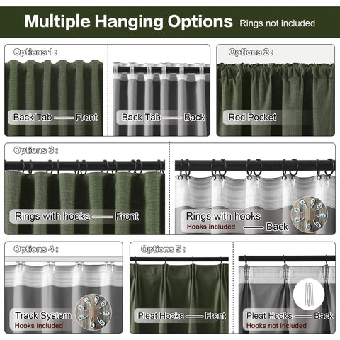 Multiple hanging options for extra wide linen blackout curtains with hooks for track system sliding doors, 2 panels.