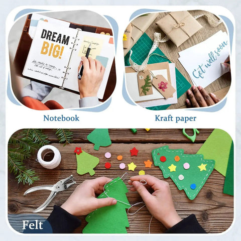 Hands crafting with Set Of 36 Circle Hole Punches, 1 Hole Punch, creating DIY cards and felt decorations, paper crafting supplies.