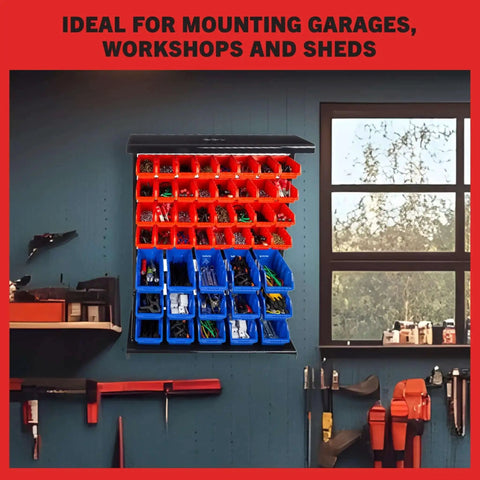 47 Bin Garage Organizer Rack With 15 Large And 32 Small Bins, Tabletop Or Wall Mount Steel Storage in use in garage