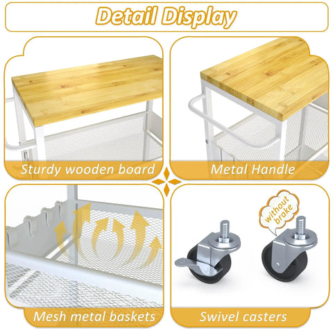 Detail display of Slim Rolling Utility Cart Four Tier Metal Narrow Storage Cart With Wood Top showing wood top, metal handle, mesh baskets, and swivel casters.