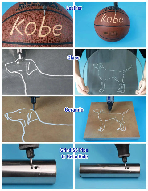 Image showing engraving on various materials including a leather basketball, glass sheet, ceramic tile, and steel pipe using a rotary tool.
