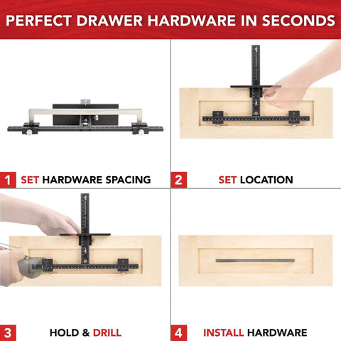 Steps showing how to use Cabinet Hardware Jig With Patent Pending True Calibration And Laser Engraved Rulers on shaker cabinets.
