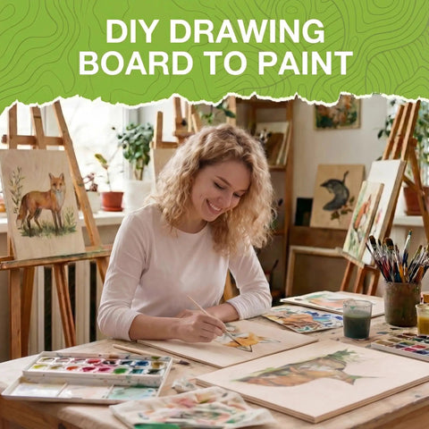 Artist painting on a DIY drawing board with watercolor paints, surrounded by easels with wildlife art in a studio setting.