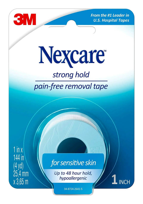 Front view of Strong Hold Pain Free Tape For Sensitive Skin 1 Roll 1 In X 4 Yds Silicone in packaging