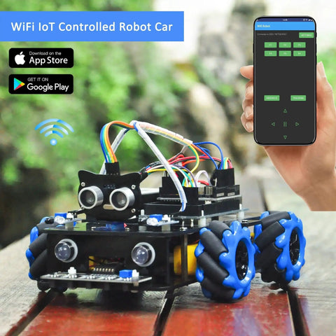 Mecanum Wheels Omni Directional Robot Car Kit For Arduino Mega2560 STEM Education shown with WiFi control setup.