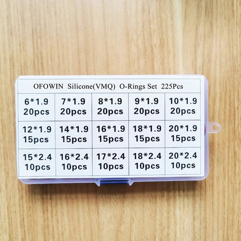 225 Piece Silicone O Ring Kit With 15 Sizes From 6Mm To 30Mm In Clear Case Food Safe VMQ Seals on wooden surface