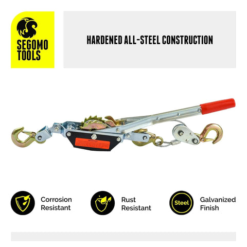 2 Ton Heavy Duty Come Along Puller With 3 Hooks Dual Gear Power Ratchet Steel Cable Winch highlighting all-steel construction.