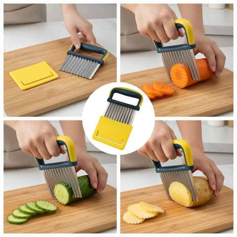 Crinkle Cutter Knife Stainless Steel Wavy Chopper For Potatoes Carrots Onions And Veggies With Safe Blade Cover Protective Case Premium Handle And Rust Resistant Zero Point Two Inch Slicing Blade French Fry Slicer in use with vegetables.