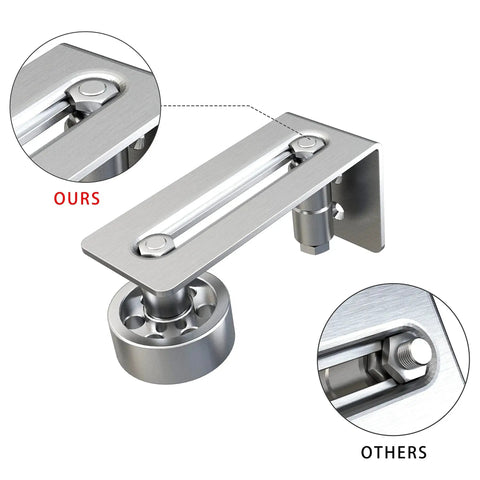 Stainless Steel Sliding Barn Door Floor Guide Wall Mounted Flush Mount Stay Roller With Bottom Adjustable Roller, close-up view.