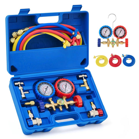 Pro Auto AC Gauges Set for R134a R12 R502 Refrigerant with 3 Way Manifold, 5 Ft Hoses, Color Coded Quick Couplers in Blue Case