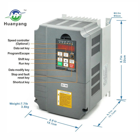 Front view of Huanyang VFD drive, 10HP (7.5kW), single-to-three-phase converter with display panel and control buttons