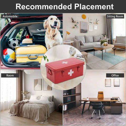 Rock Solid Metal First Aid Box With Safety Lock shown in different settings: car trunk, living room, bedroom, and office.