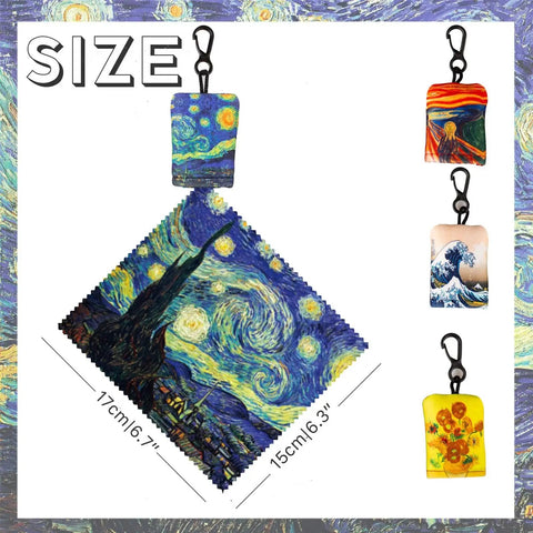 Microfiber Glasses Cleaning Cloths Set 4 Pack With Double Sided Art Design featuring famous artwork and carabiner clip