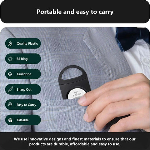 Person placing roygra Cigar Cutter Set (10 Pack), Enlarged 65 Ring Fit Almost Cigars, Guillotine Double Blade, into suit pocket.