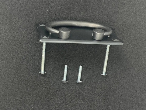 Mission Drawer Pull 3 Inch (76mm) Barcelona Pewter Finish For Cabinets And Furniture with screws displayed on dark background