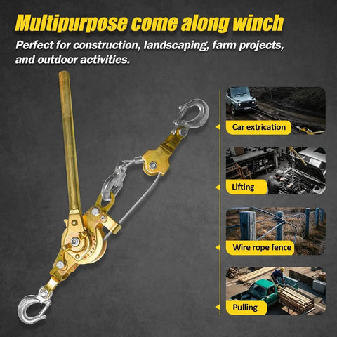 3T Come Along Winch 10ft Cable Hoist With Two Hooks Heavy Duty Ratchet shown for lifting and pulling tasks