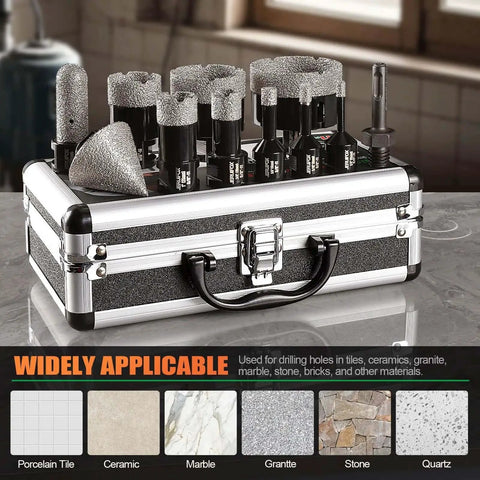All In One Diamond Hole Saw Kit For Tile Ceramic And Granite With 11 Piece Diamond Core Drill Bit Set on counter.