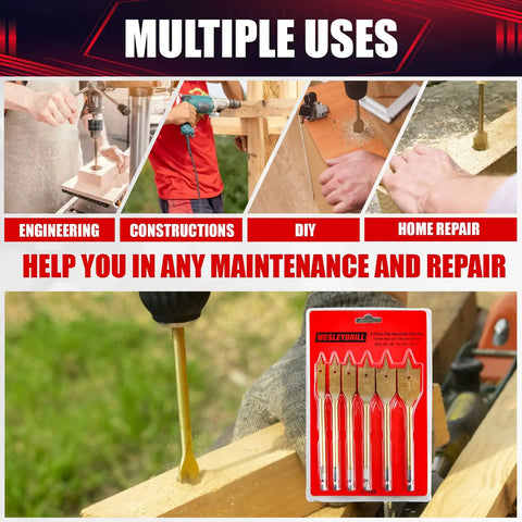 Flat Wood Spade Drill Bit Set Six Piece Paddle Bits From Three Eighths Inch To One Inch For Wood And Fiberglass for DIY use