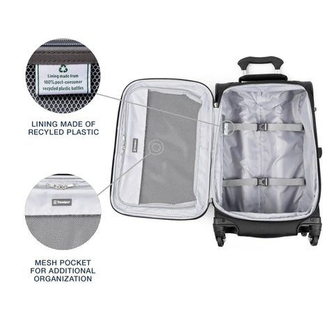 Interior view of Ultra Lightweight 21 Inch Carry On Luggage with 4 Spinner Wheels Expandable Softside Suitcase, highlighting mesh pocket and recycled lining.